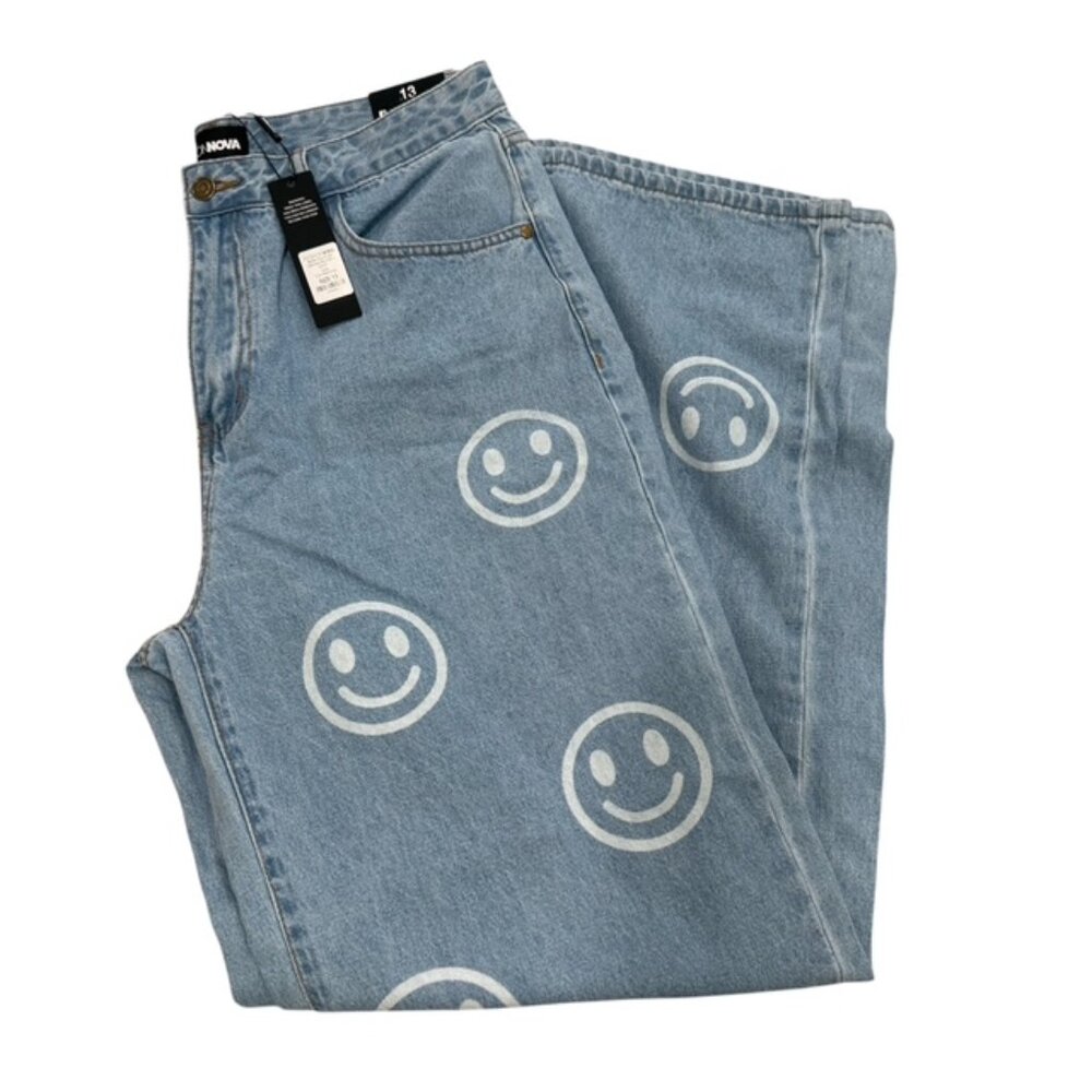 Fashion Nova Smiley Face Boyfriend Jeans Blue Wash Size 13